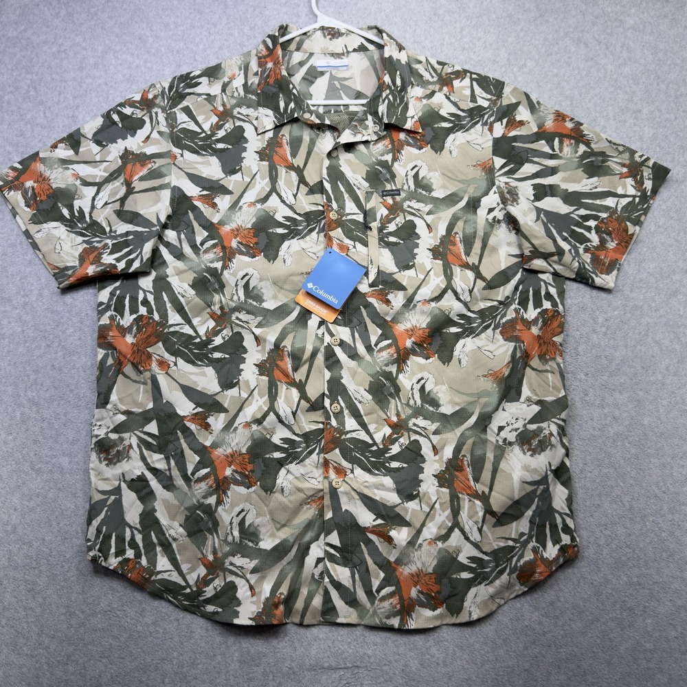 Columbia Silver Ridge Utility Lite Shirt Mens 1X Green Beige Floral Short Sleeve